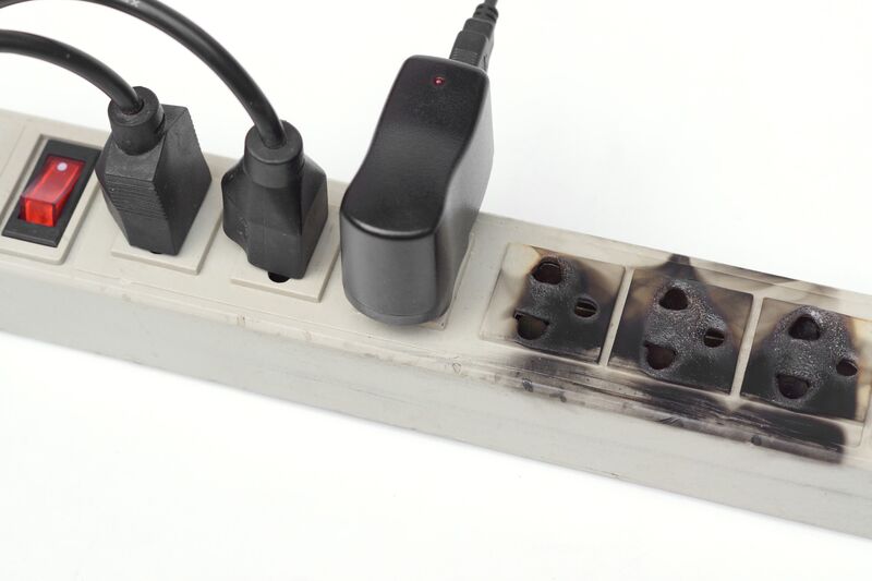 A burnt and discoloured power socket on an overloaded power strip